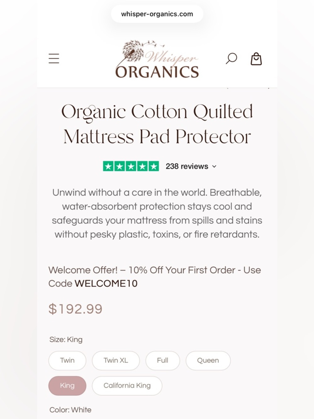 Whisper Organics King Mattress Pad Organic Cotton Quilted Protector Soft - Picture 3 of 8